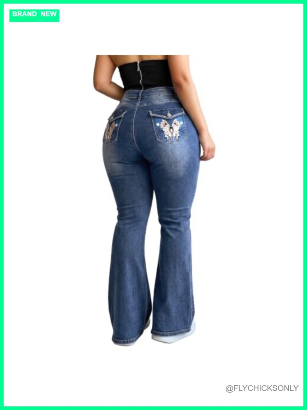 Plus Size High Waisted Flare Jeans Stretch Denim Butterfly Embroidery